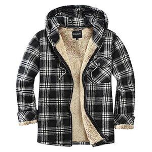Mens Fleece Flannel Jacket Full Zip Hooded Plaid Cotton Warm Coat Winter Hoodie